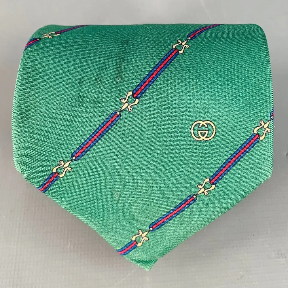 GUCCI Vintage Green Red Horsebit Diagonal Stripe Silk Tie